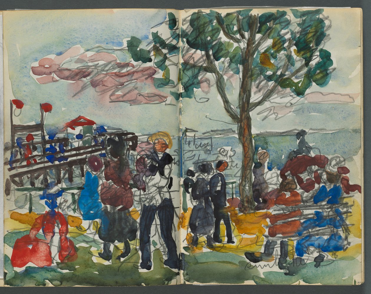 素描本，《戴尔斯》，第 127 期，第 122 和 123 页：海岸上的人物 作者 莫里斯·普伦德加斯特