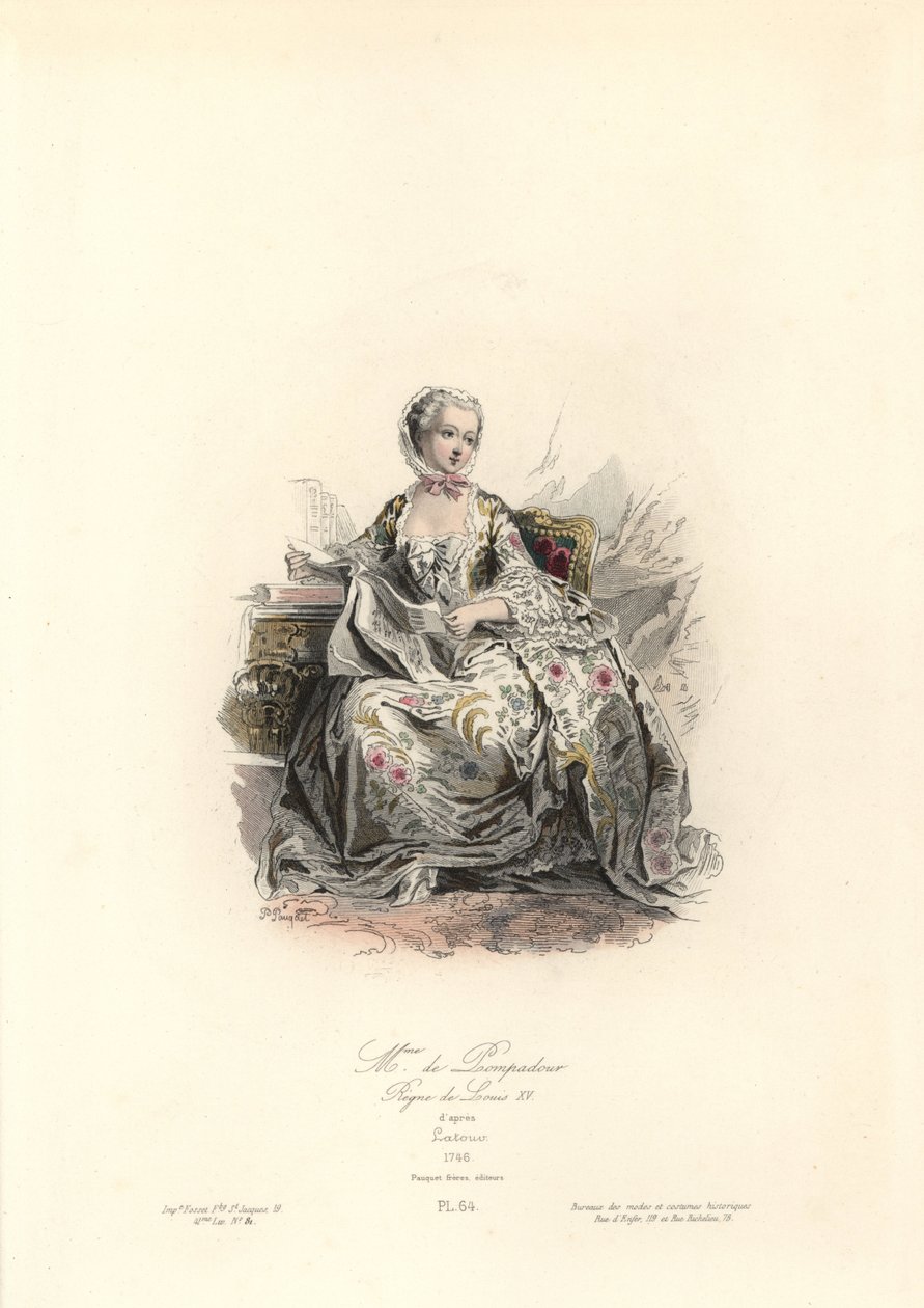 蓬巴杜夫人让娜-安托瓦内特-普瓦松（1721-1764 年）是路易十五国王的首席情妇。Polidor Pauquet 根据 Maurice Quentin de La Tour（1748-55 年）绘制的手绘钢版画，选自 Pauquet 兄弟的 "Modes et Costumes Historique"（《历史的方式与服饰》）。 作者 莫里斯·昆汀·德拉（之后）游览