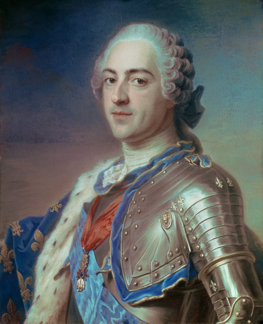 路易十五（1710 - 1774）的肖像，身着盔甲，带有圣灵勋章和金羊毛的绳索。 Maurice Quentin Delatour 的粉彩，被称为 Quentin De La Tour 或 Quentin De Latour (1704-1788) 作者 莫里斯·昆汀·德拉图尔