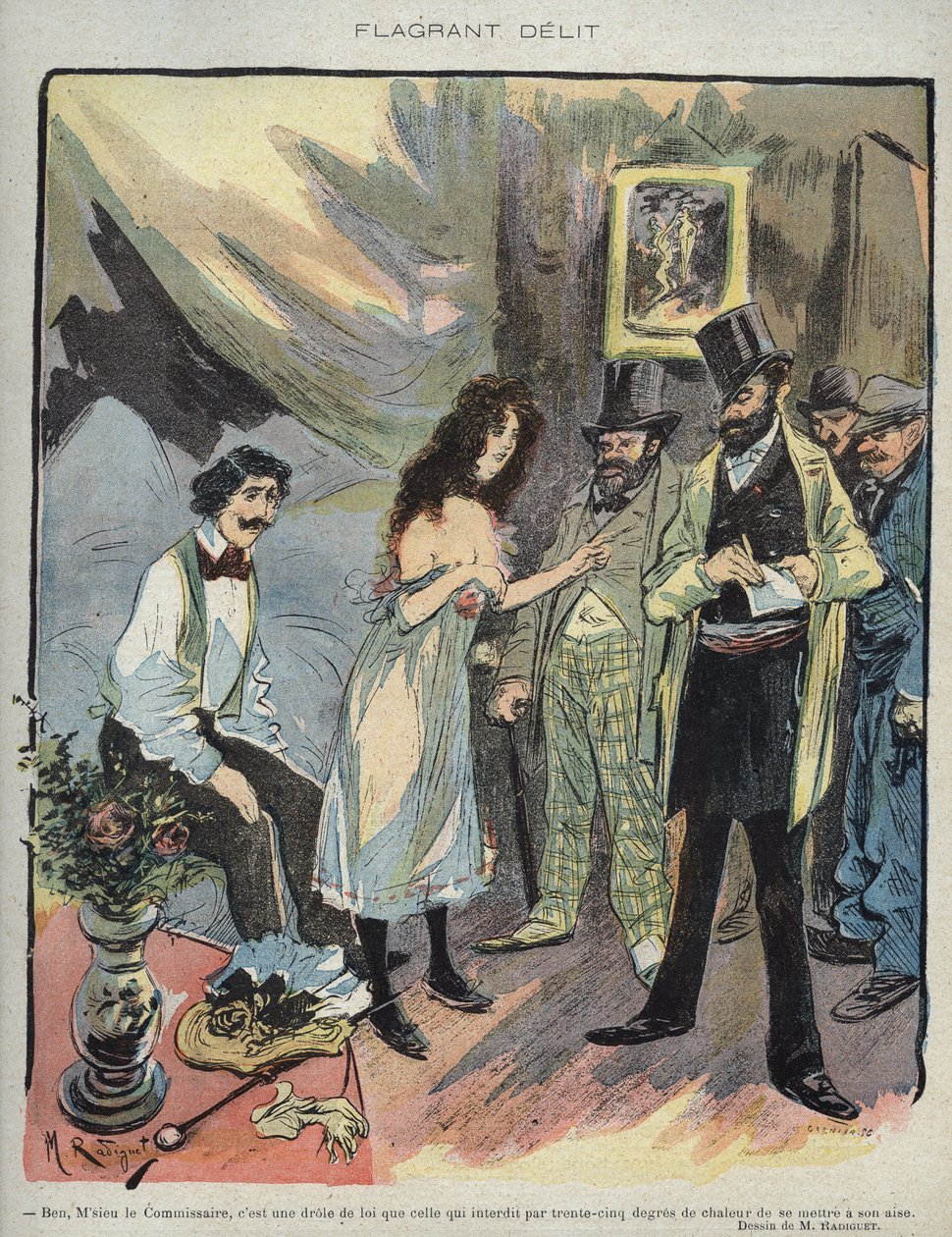 莫里斯-拉迪盖（1866-1941）为法国杂志 "Le Rire "1895年第46期所作的插图--"Flagrant Delit"--本专员先生，这是一条有趣的法律，禁止以35度的高温来获得自由" 作者 莫里斯·拉迪格（Maurice Radiguet）