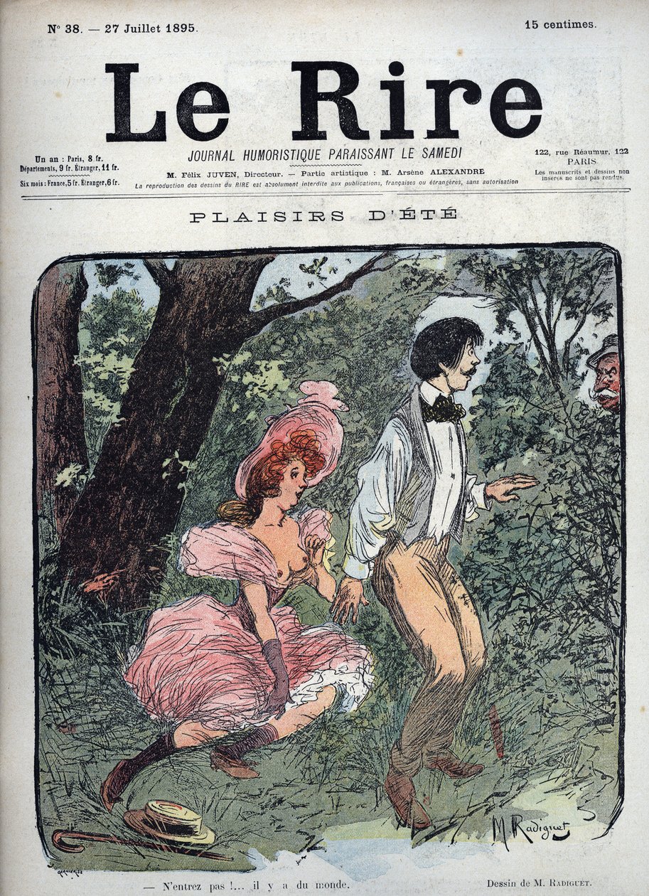 Summer Plaisirs - 两位恋人在森林里被路人吓了一跳 - 莫里斯-拉迪盖（1866-1941）为法国杂志《Le Rire》1895年第38期所作的色画。 作者 莫里斯·拉迪格（Maurice Radiguet）