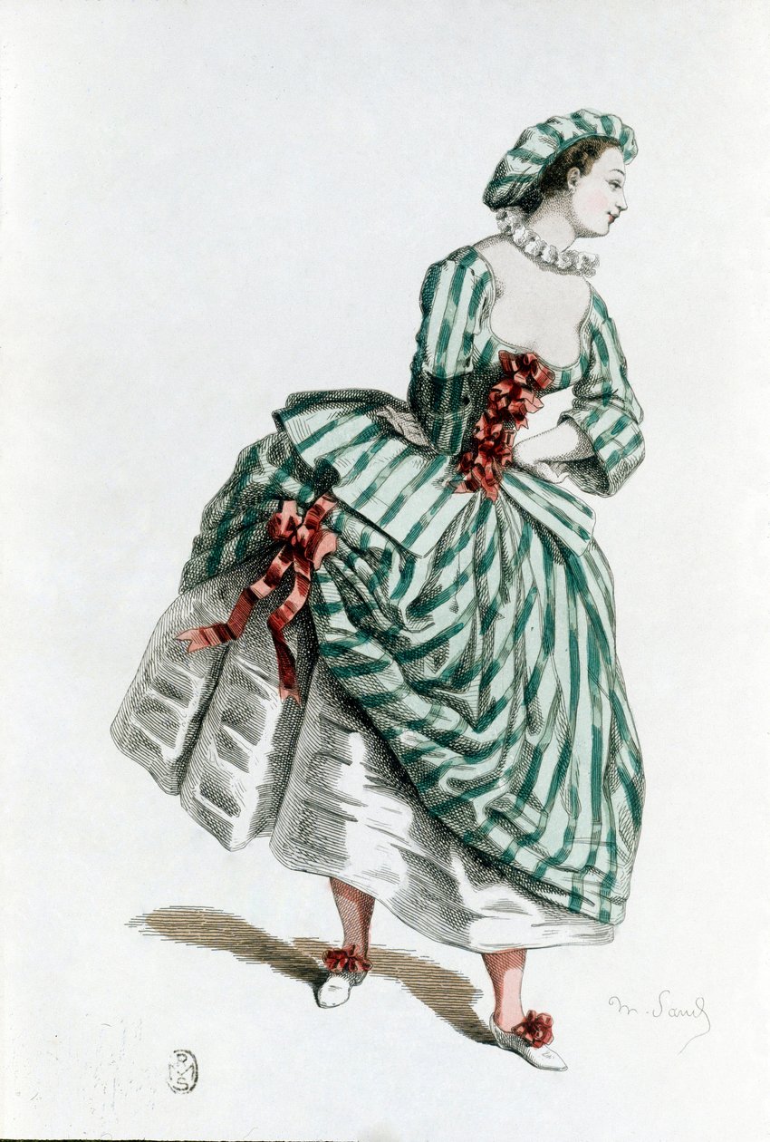 1855年，科隆宾（corallina）的服装和面具，喜剧艺术中的女性角色。A.Manceau的雕刻作品，出自《面具》，莫里斯-桑（1823-1889）的文字和绘画，19世纪 私人收藏 作者 莫里斯·桑德