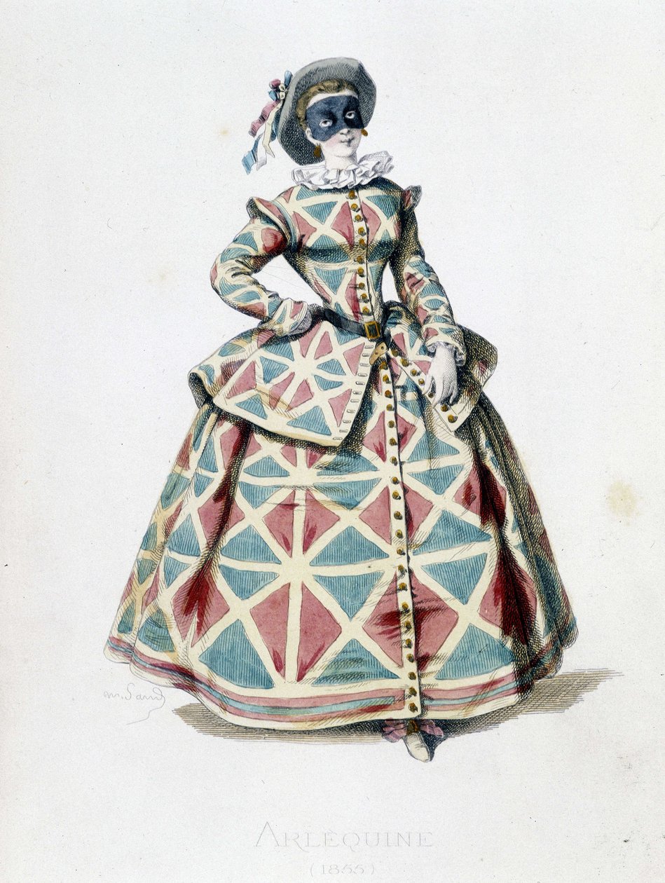 1855 年的丑角服装和面具，喜剧喜剧中丑角的女性角色。 A. Manceau 出自“”Masques et Bouffons”的版画，莫里斯·桑 (1823-1889) 的文字和图画，乔治·桑的序言 作者 莫里斯·桑德