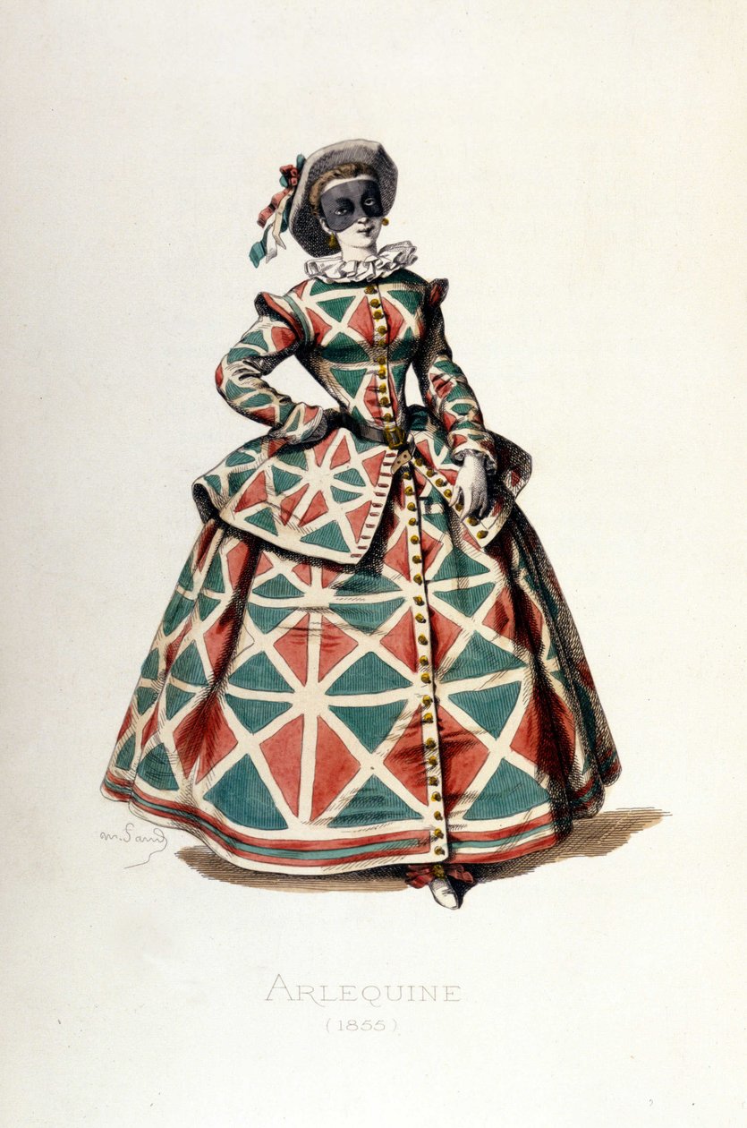 1855 年的丑角服装和面具，喜剧喜剧中丑角的女性角色。 A. Manceau 出自“”Masques et Bouffons”的版画，莫里斯·桑 (1823-1889) 的文字和图画，乔治·桑的序言 作者 莫里斯·桑德