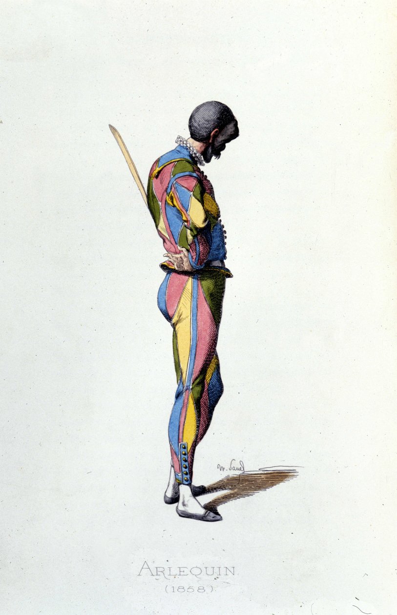 1858 年的丑角。莫里斯·桑《面具和小丑》，巴黎 19 世纪。 （莫里斯·桑是乔治·桑的儿子） 作者 莫里斯·桑德
