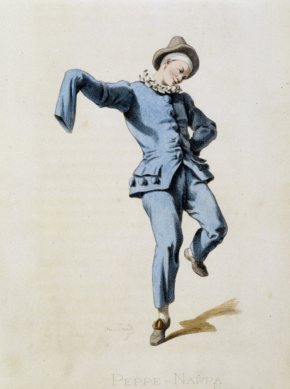 Peppe Nappa（Pierrot 或 Peppe-Nappa）取材于“Masques et bouffons”（意大利喜剧），Maurice Sand 的文字和绘画，A. Manceau 的版画，Georges Sand 的序言，巴黎，Michel Lévy Frères 作者 莫里斯·桑德