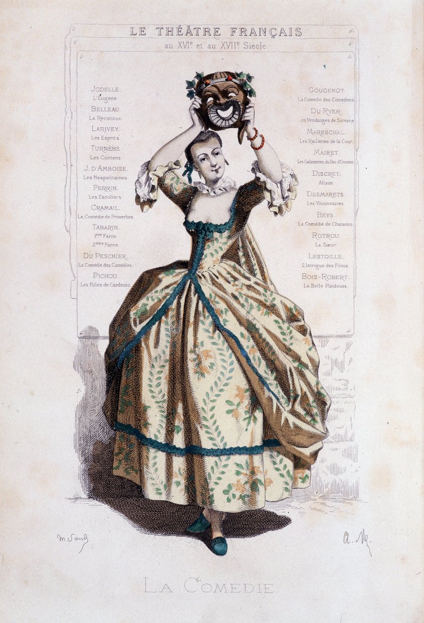 艺术喜剧的拟人化。 - “Masques et bouffons”（意大利喜剧）的卷首，莫里斯·桑（=莫里斯·杜德万）的文字和绘画，A. Manceau 的版画，乔治·桑的序言，巴黎，Michel Lévy Frères 作者 莫里斯·桑德