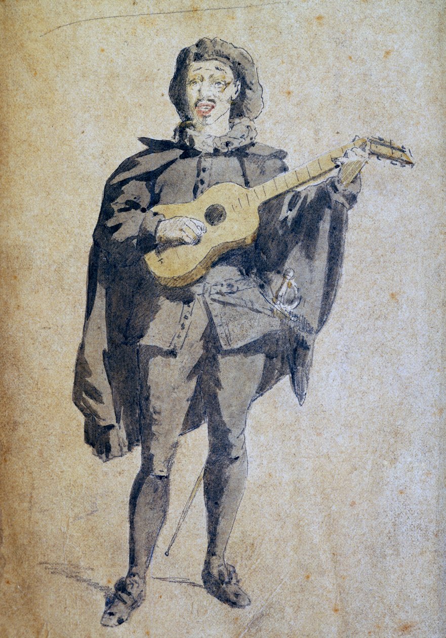 Scaramouche，莫里斯-桑（1823-1889）的插图，雕刻自题为 "面具和布冯 "的《艺术喜剧》研究，巴黎法国剧院。 作者 莫里斯·桑德