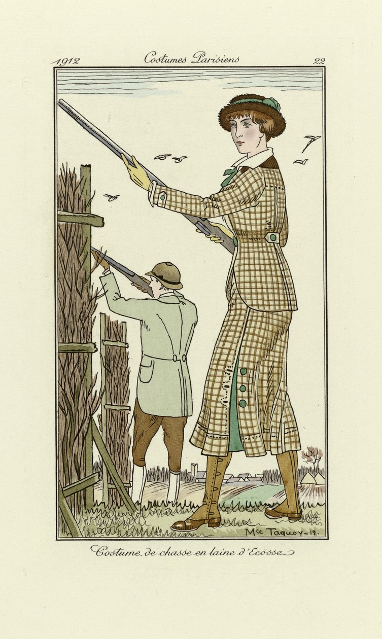 女士花呢射击服装设计，来自 Costumes Parisien，pub.1912（pochoir 印刷品） 作者 莫里斯·塔奎伊