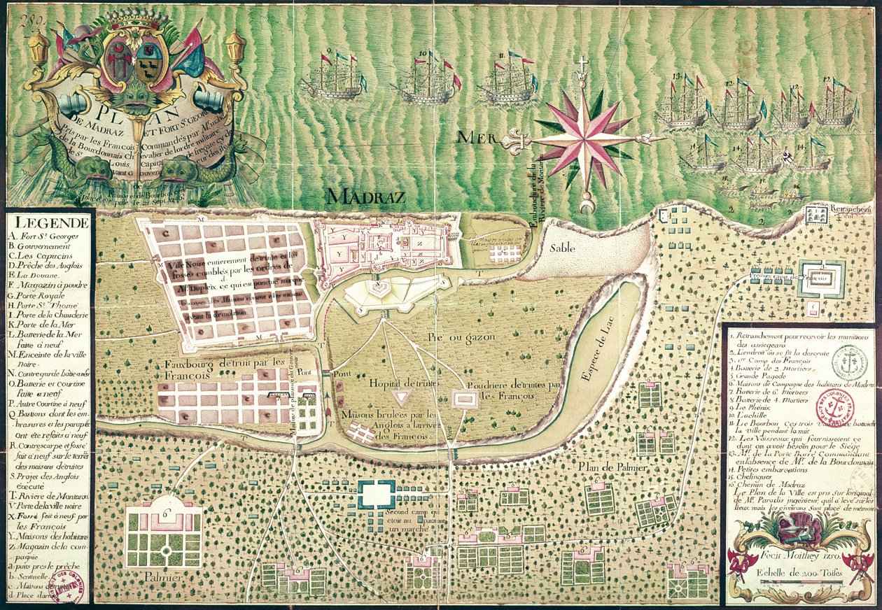 1746年由法国人在Mahe de la Bourdonnais的指挥下捕获城镇和圣乔治堡的马德拉斯地图，1750年9色雕刻） 作者 莫里（Maurille Antoine Moithey）