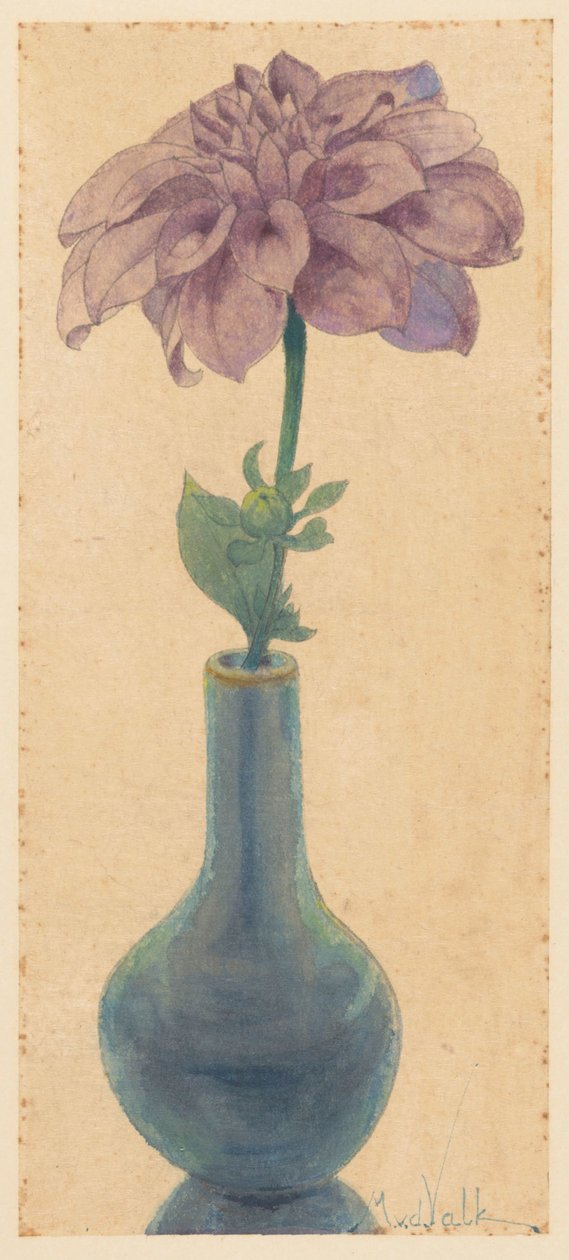 蓝色玻璃花瓶与淡紫色大丽花 作者 Maurits van der Valk