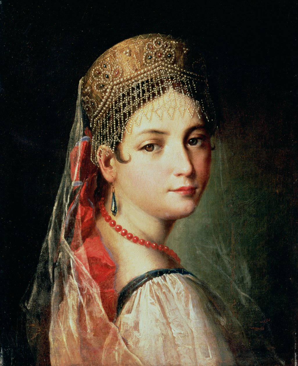 一个年轻女孩在Sarafan和Kokoshnik，1820年代的肖像 作者 毛罗·甘多菲