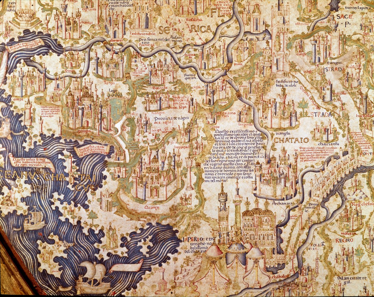 中国（坎帕卢克，今北京）景色 1459 年卡莫尔多莱兄弟 Maurus (Mauro) 的世界地图（mappamundi）细节（地图） 作者 毛罗·弗拉