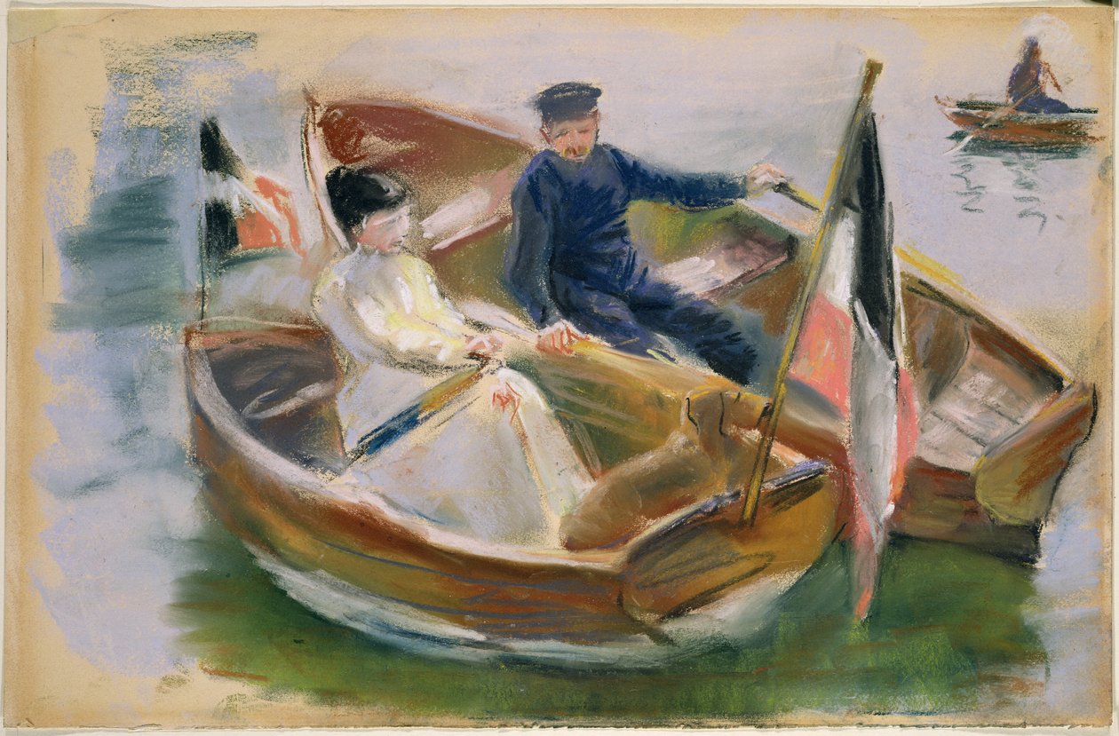 两艘带旗帜的船，Wannsee，1910年（纸上粉彩） 作者 马克斯·利伯曼