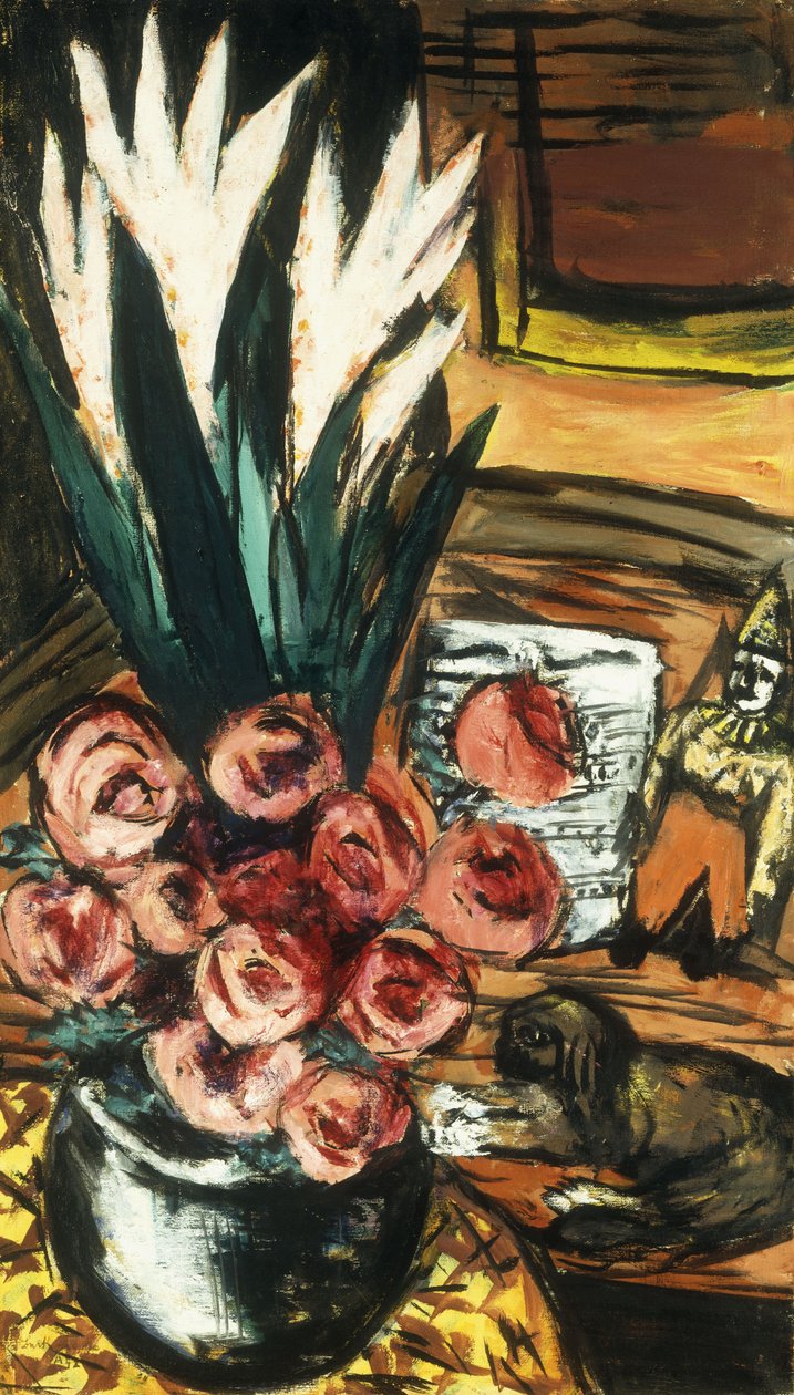 有红玫瑰和布奇的静物; Stillben mit Roten Rosen und Butchy 作者 马克斯·贝克曼