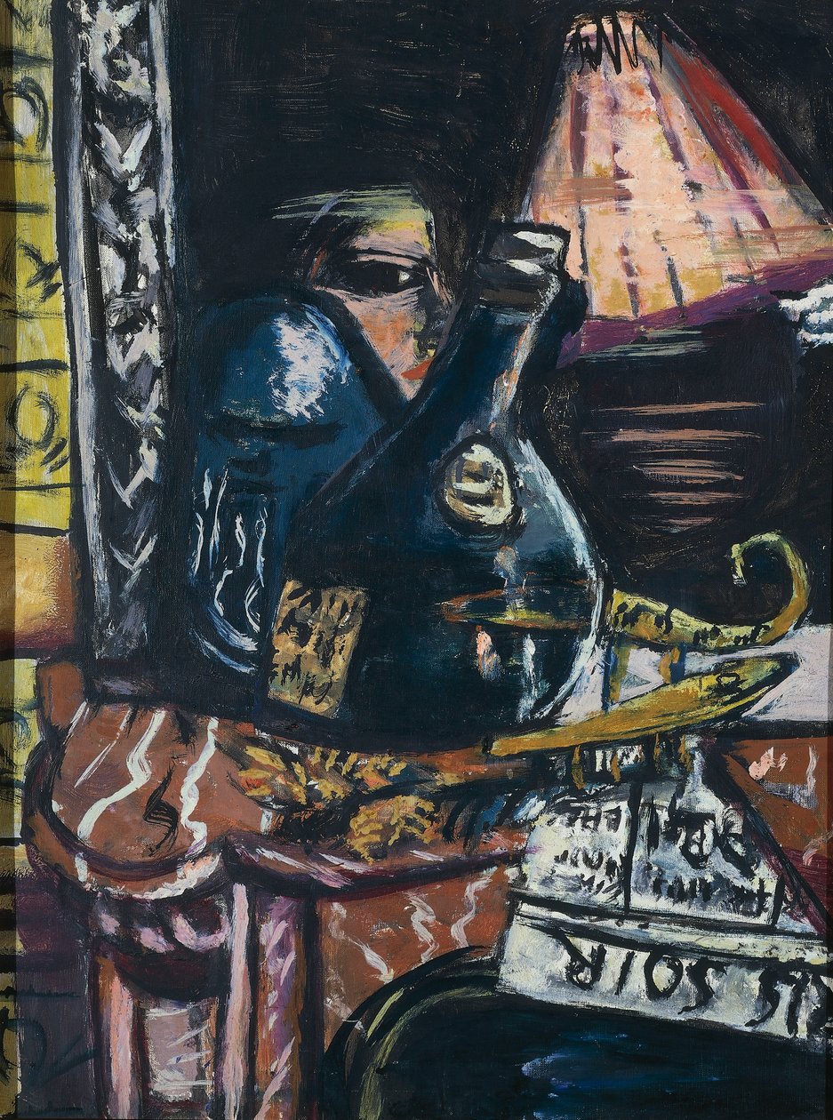静物画，有不平衡的杜松子酒瓶和佛陀 作者 马克斯·贝克曼