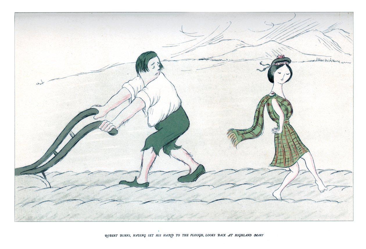罗伯特·伯恩斯（Robert Burns）把手伸到犁上，回头看1904年的高地玛丽（Highland Mary）。 作者 马克斯·比尔博姆