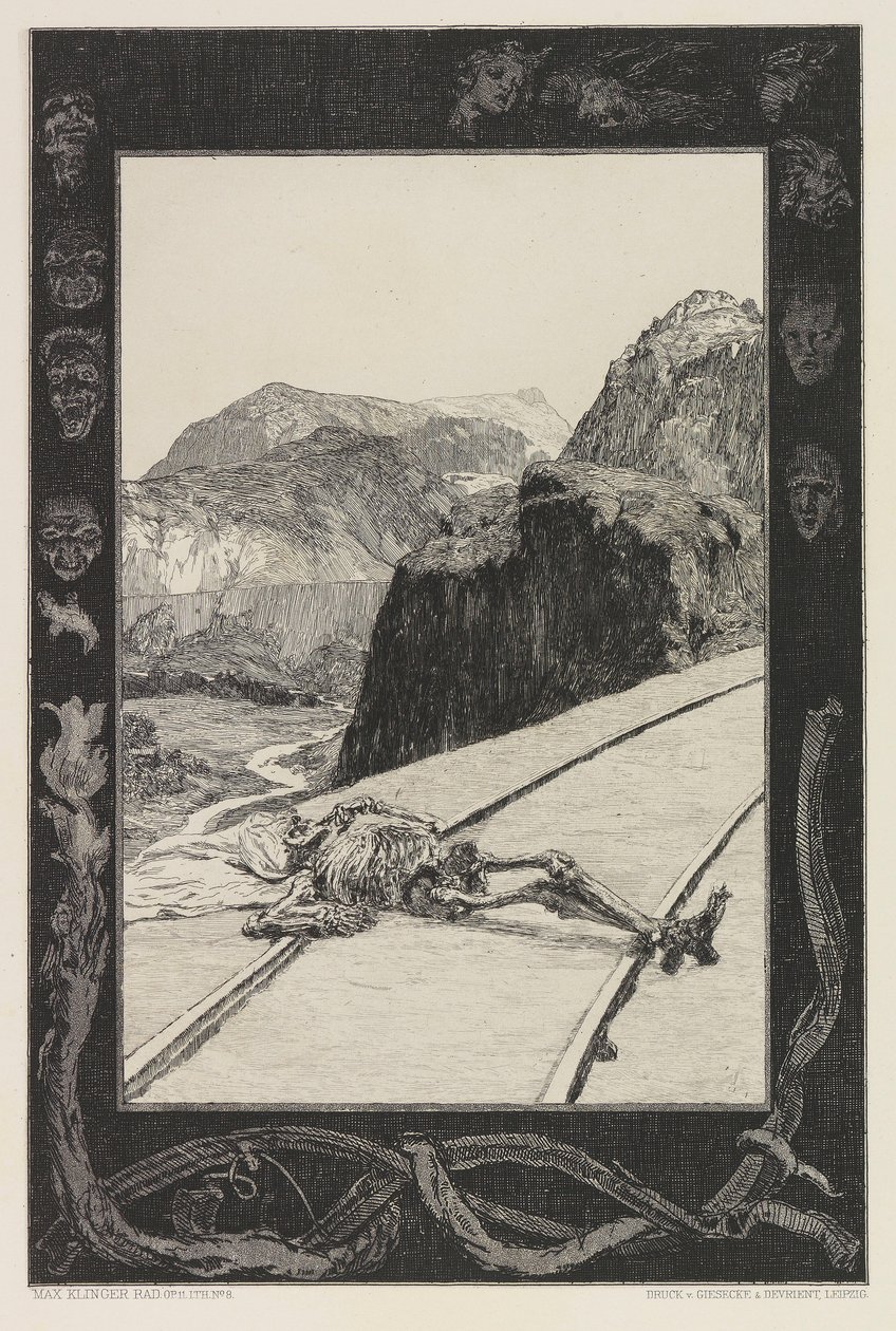 在轨道上 Auf den Schienen，板块8来自作品集《论死亡，第一部分》，作品十一，1897年。 作者 马克斯·克林格