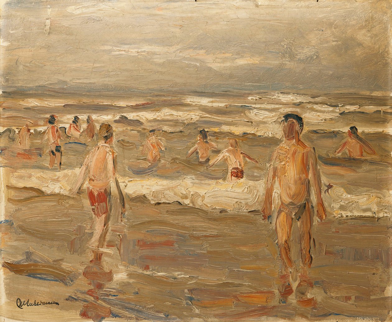 男孩在海里洗澡；男孩在海里洗澡，1899年 作者 马克斯·利伯曼