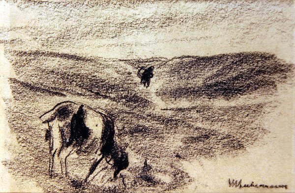 山羊啃食，约1890年（纸上石墨）。 作者 马克斯·利伯曼