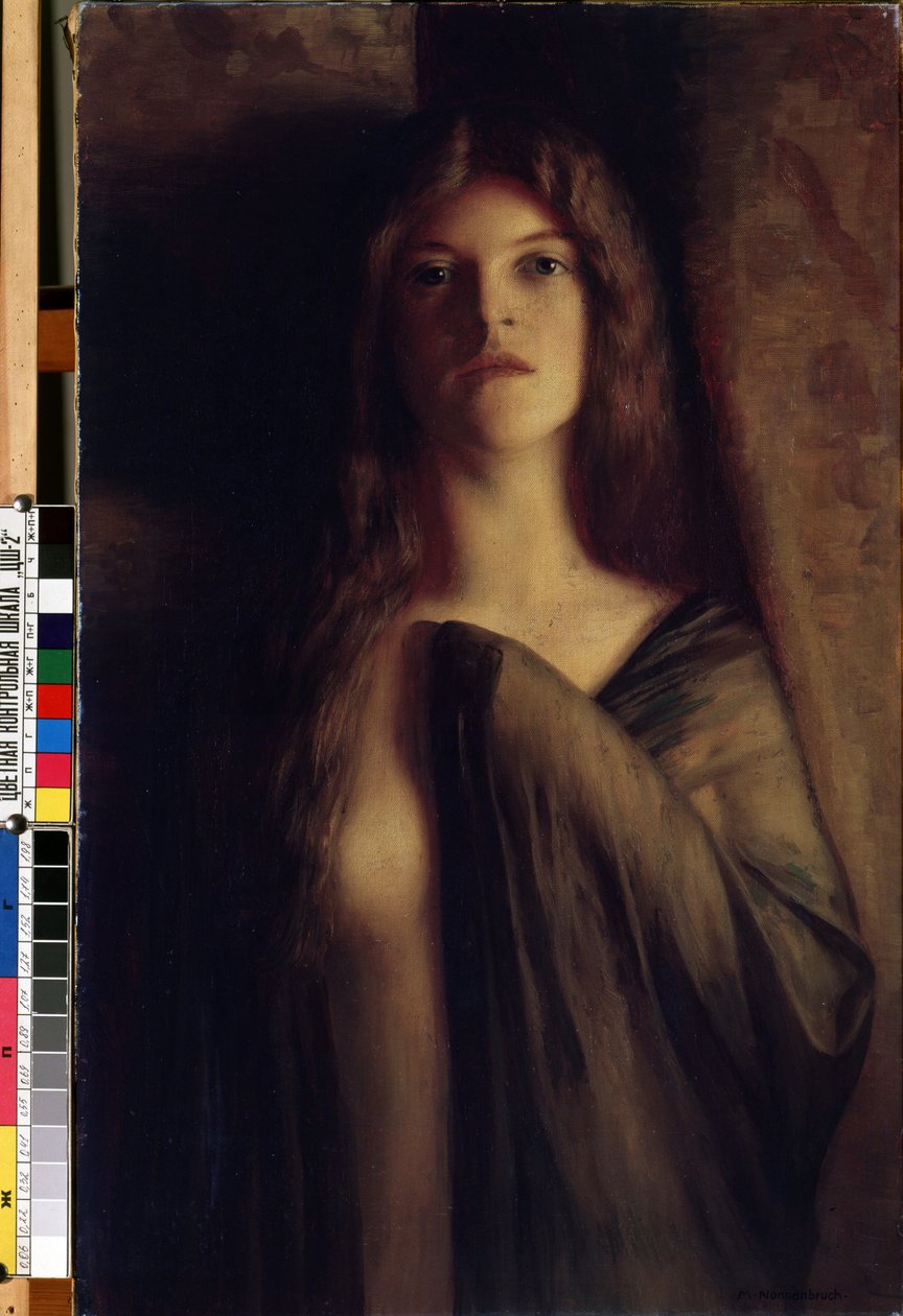 Portrait de jeune femme"（女孩肖像）：戴着透明面纱的年轻女孩，表情悲伤忧郁。Max Nonnenbruch（1857-1922 年）的作品（新艺术风格），布面油画。卡昂米卡洛尤斯-康斯坦丁纳斯-乔尔利奥尼斯美术博物馆 作者 最大修女