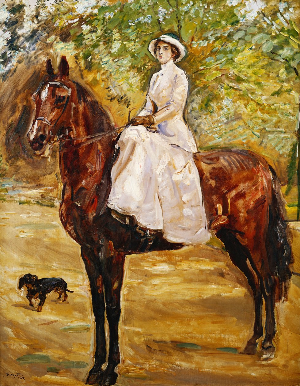 白色的妇女骑马; 1910年，身穿白色马术礼服的女士 作者 马克斯·斯沃沃格