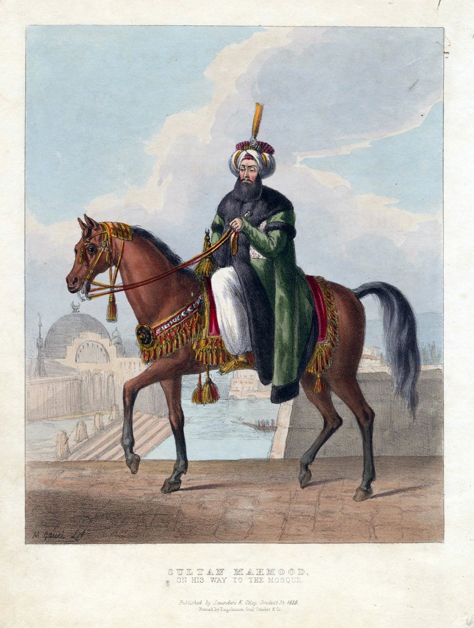 奥斯曼帝国苏丹马哈茂德二世(1785-1839)(Mahmoud II)的肖像 - Oeuvre de M. Gauci（活跃于19世纪） - 1829年 - 彩色石版画 - 26x20 - 私人收藏 作者 马克西姆·高西（Maxim Gauci）