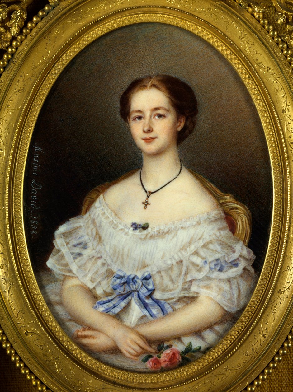 戴蓝丝带的女人肖像 马克西姆·大卫（Maxime David）（19 世纪）绘画，1858 年巴黎，装饰艺术。 作者 马克西姆·大卫（Maxim David）