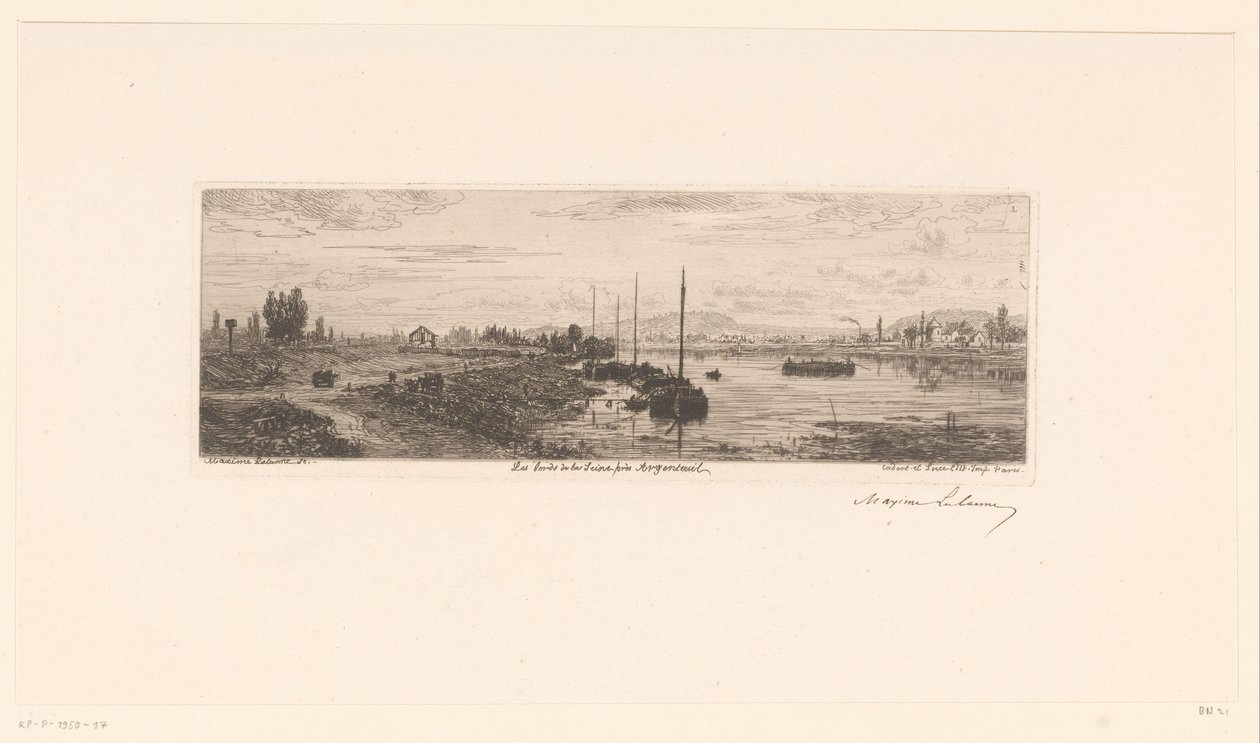 阿让特伊附近的塞纳河景观 Les bords de la Seine près Argenteuil（物体上的标题） 作者 Maxime François Antoine Lalanne（艺术家签名）