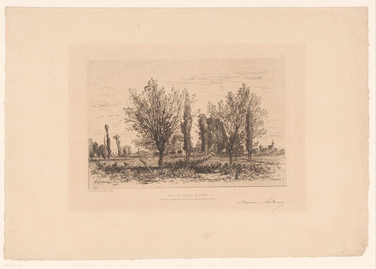 草地和城镇景观
Dans les champs de Cénon.(物品上的标题） 作者 Maxime François Antoine Lalanne（艺术家签名）