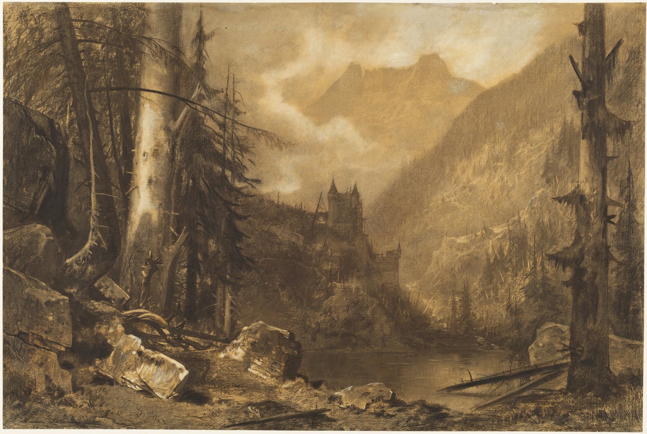 林中湖上的高山城堡，约 1870 年（纸上炭笔） 作者 马克西姆·拉兰（Maxim Lalanne）