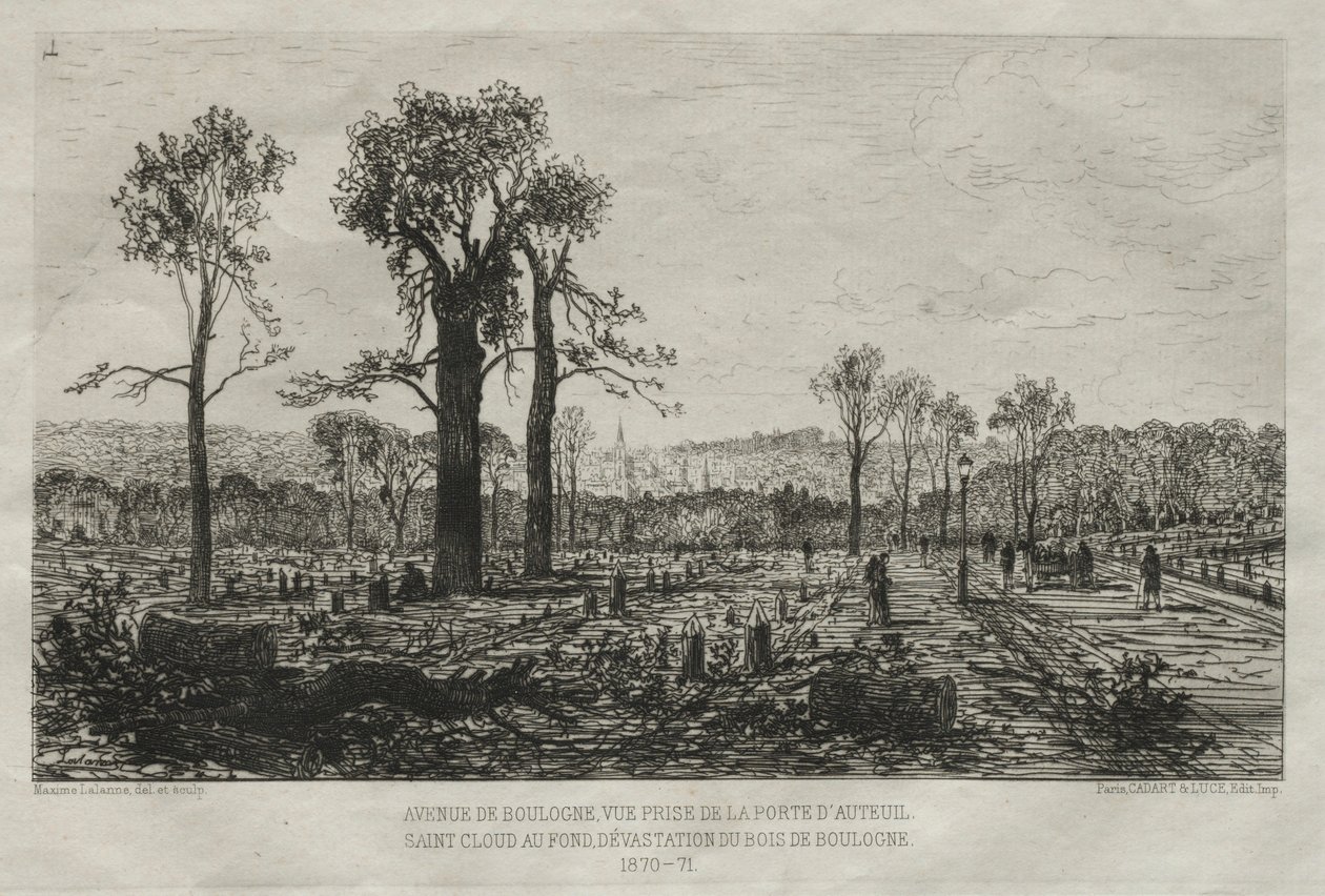 巴黎围城的艺术回忆：布洛涅大街，Vue，取自Porte d&39;Auteuil ...，1879年 作者 马克西姆·拉兰（Maxim Lalanne）