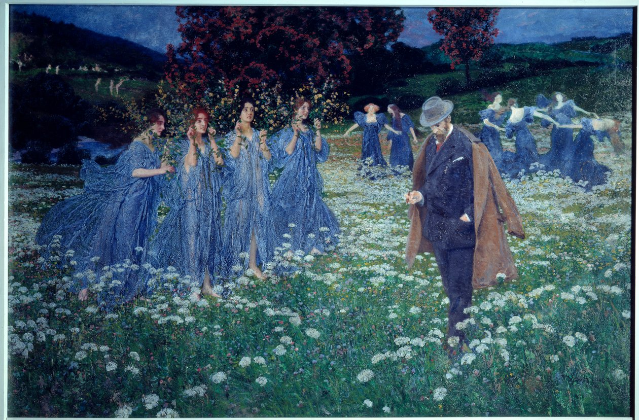 Reverie, a world Dreamlike landscape, a man crosses a field people of fees. Painting by Maximilian Lenz (1860-1948) 作者 马克西米利安·伦兹（Maximilian Lenz）