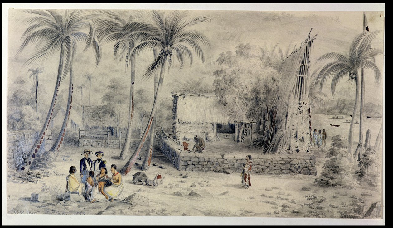 大溪地的原住民村庄，c.1841-48（wc，铅笔和墨水在纸上） 作者 马克西米利安·拉格