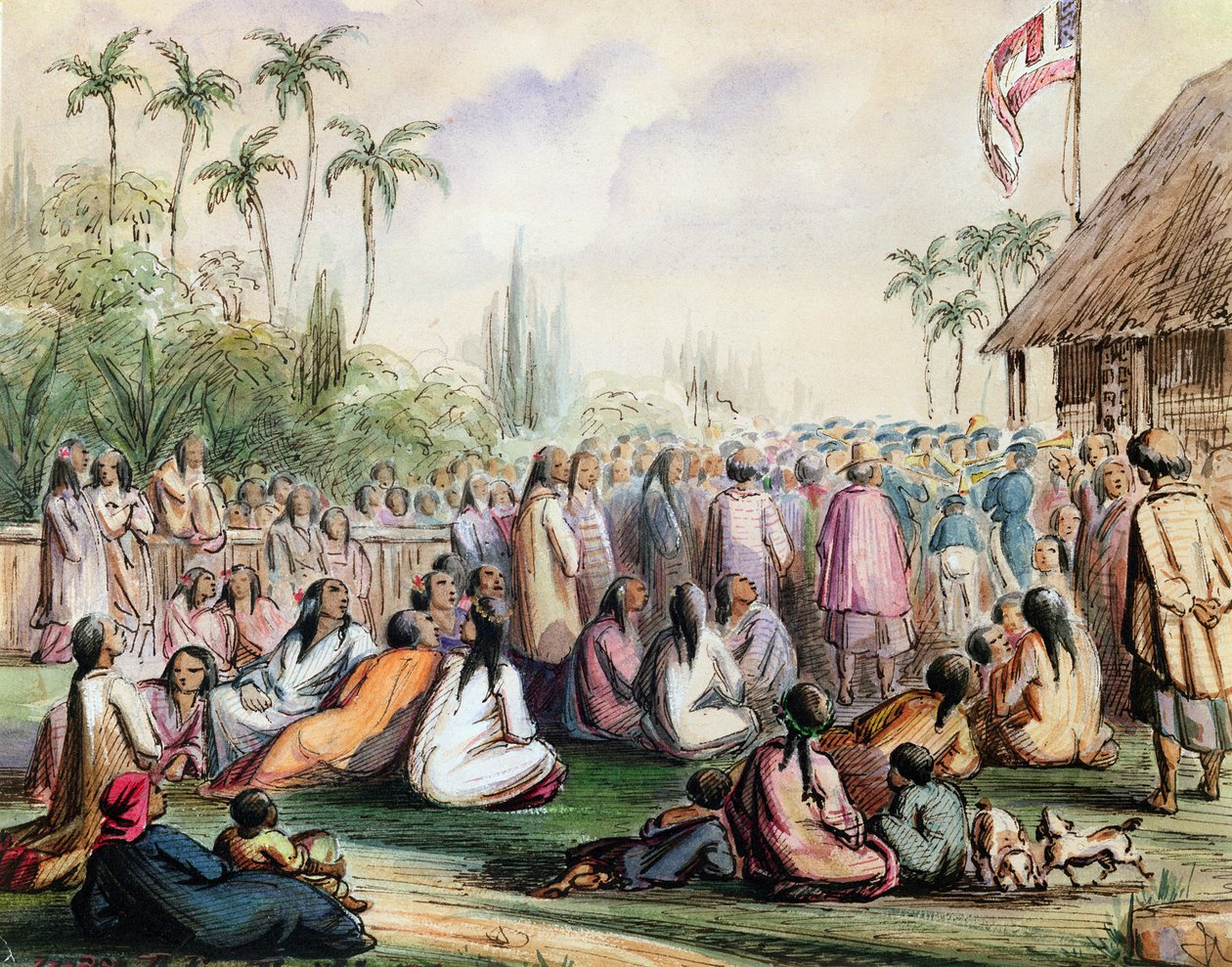 1842年法国保护国在塔希提岛的馆，c.1842-48（纸和墨水） 作者 马克西米利安·拉格