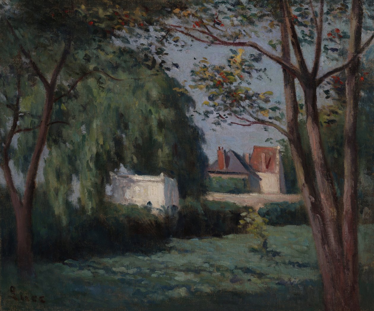 三座房屋和树木组成的乡村风景画 作者 马克西米利安·卢斯（Maximilien Luce）