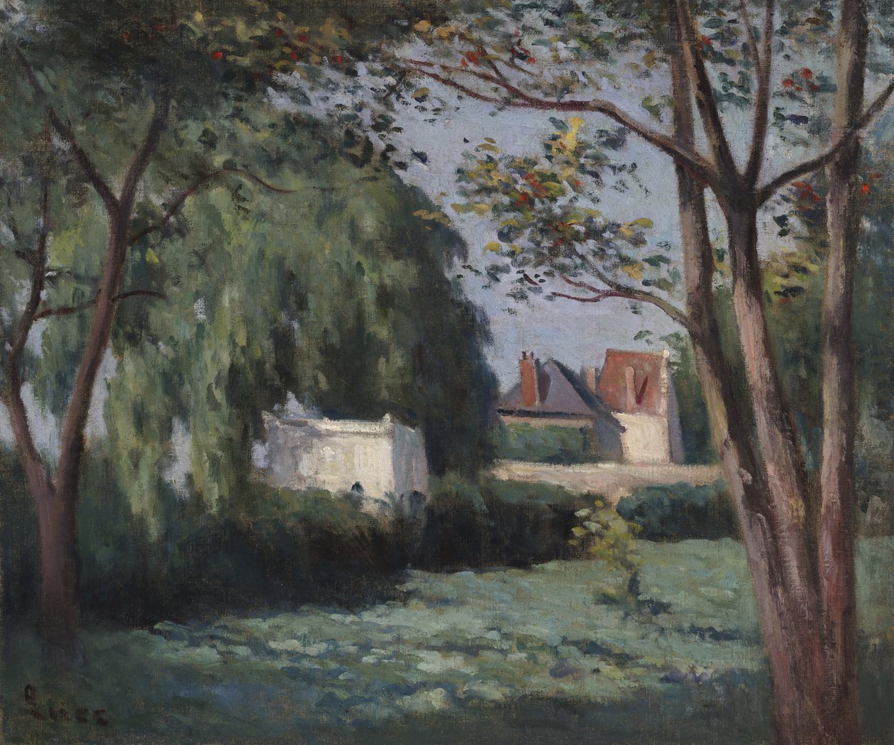 与三个房子和树的国家场面，c.1900 作者 马克西米利安·卢斯（Maximilien Luce）