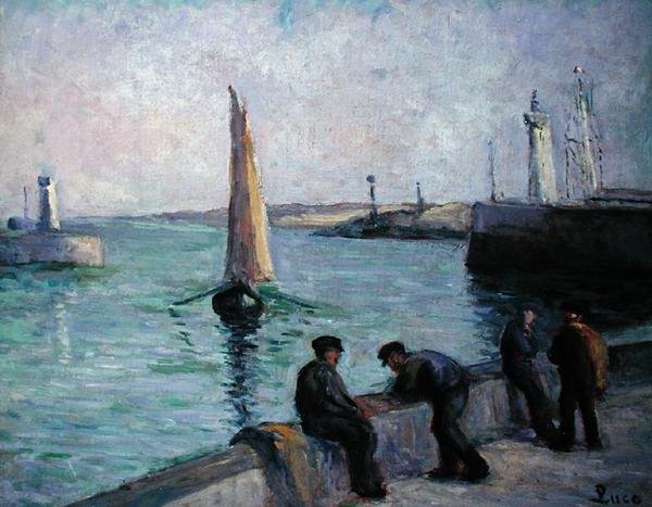 港口的渔民，约1920年（布面油画） 作者 马克西米利安·卢斯（Maximilien Luce）