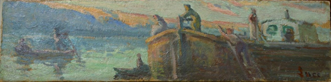 有驳船和船只的河流景观 作者 马克西米利安·卢斯（Maximilien Luce）