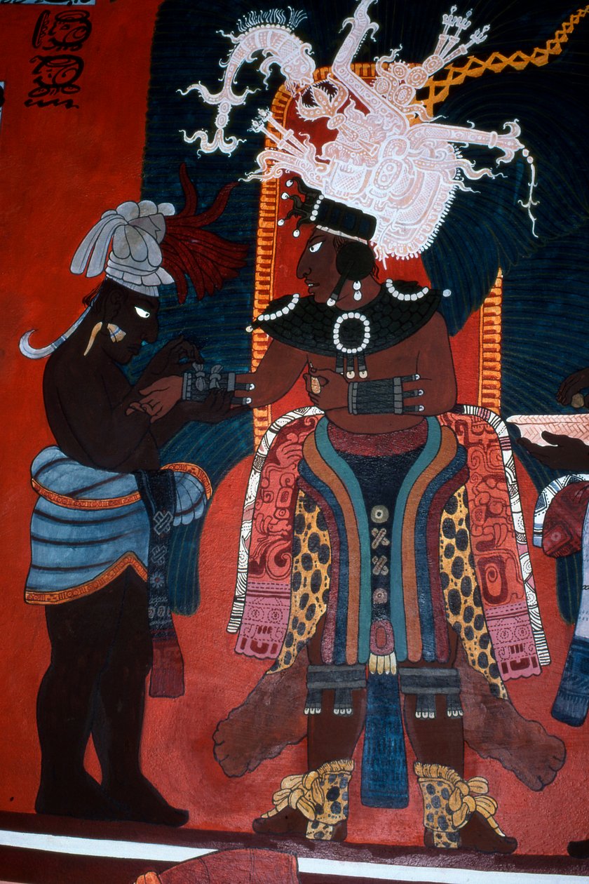 复制一幅壁画，展示一名仆人穿着仪式的统治者，从壁画寺，博南帕克（壁画） 作者 玛雅人
