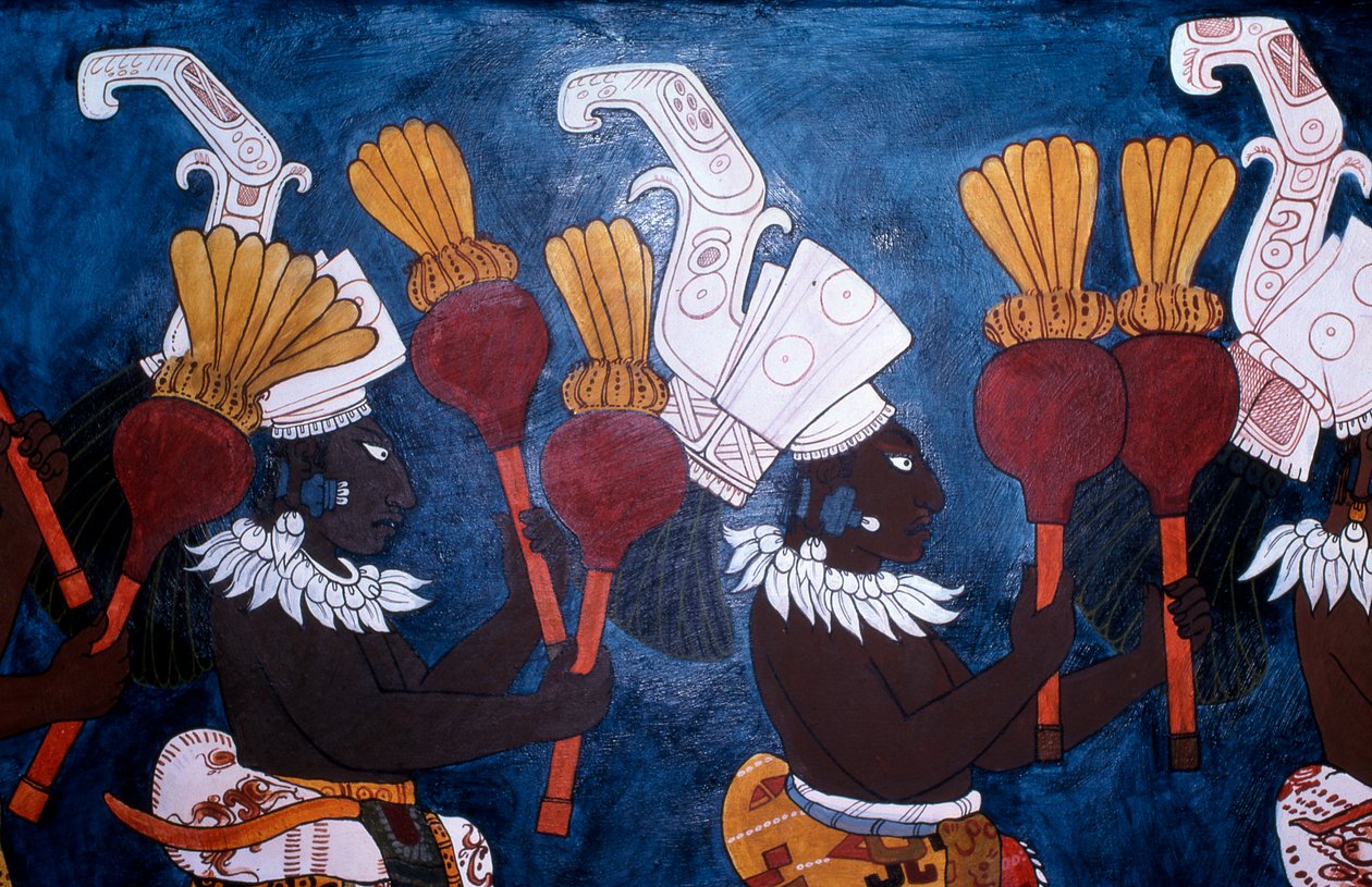 在壁画寺，Bonampak（壁画）的仪式中，用摇铃展示音乐家的壁画的再现 作者 玛雅人