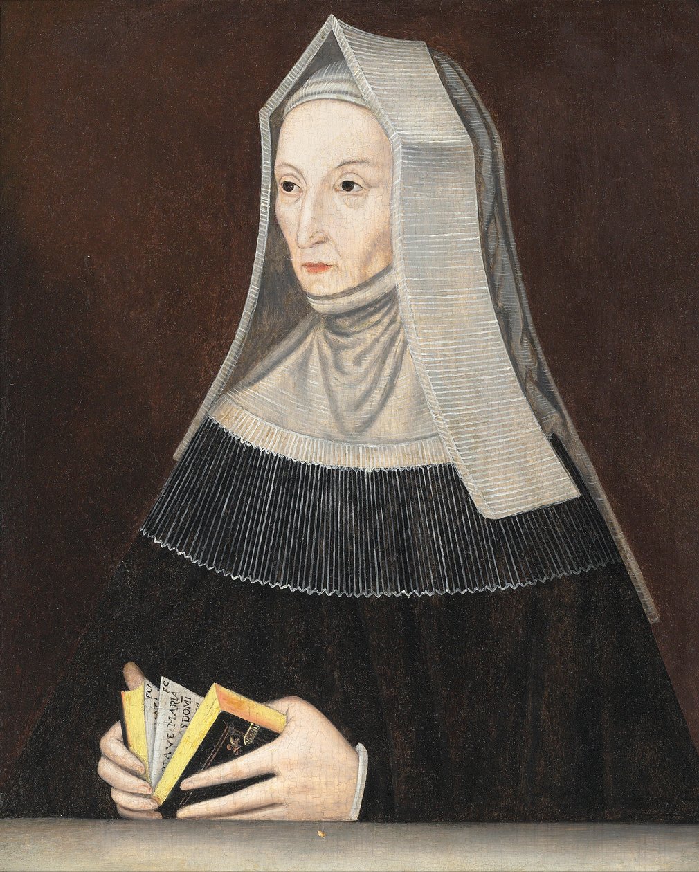 玛格丽特·博福特夫人（Lady Margaret Beaufort，1441-1509）的肖像，半身像，穿着黑色长袍和白色长袍，手里拿着一本祈祷书（面板油画） 作者 梅纳德 (方式) Vewicke