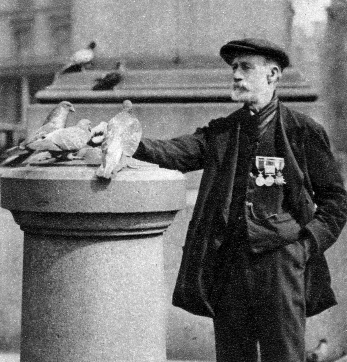 1926-1927年，伦敦特拉法加广场（Trafalgar Square）上有鸽子的老兵。 作者 麦克里什