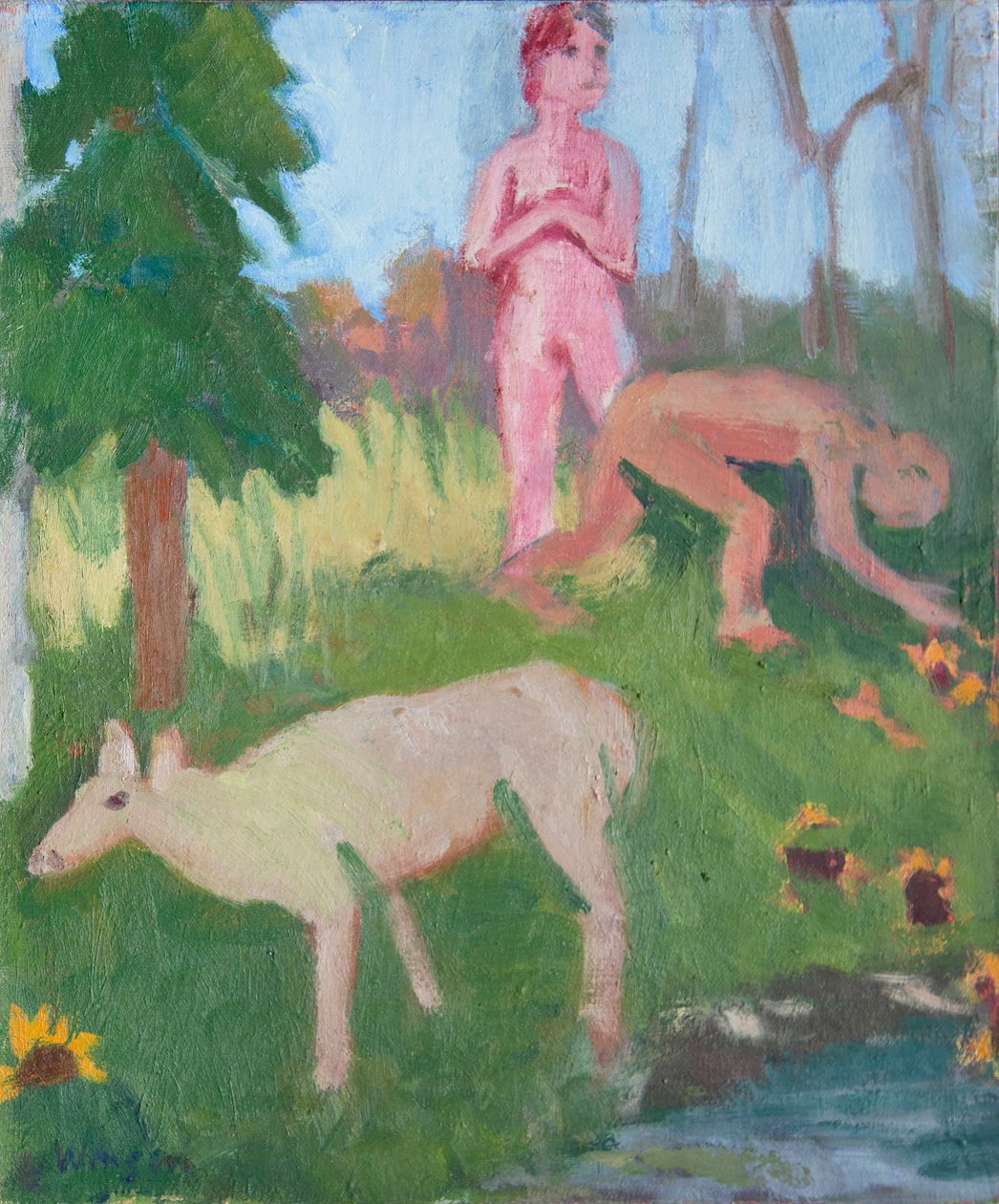 两个人物与一只雌性麋鹿，2016 年（布面油画） 作者 梅根·威廉姆森