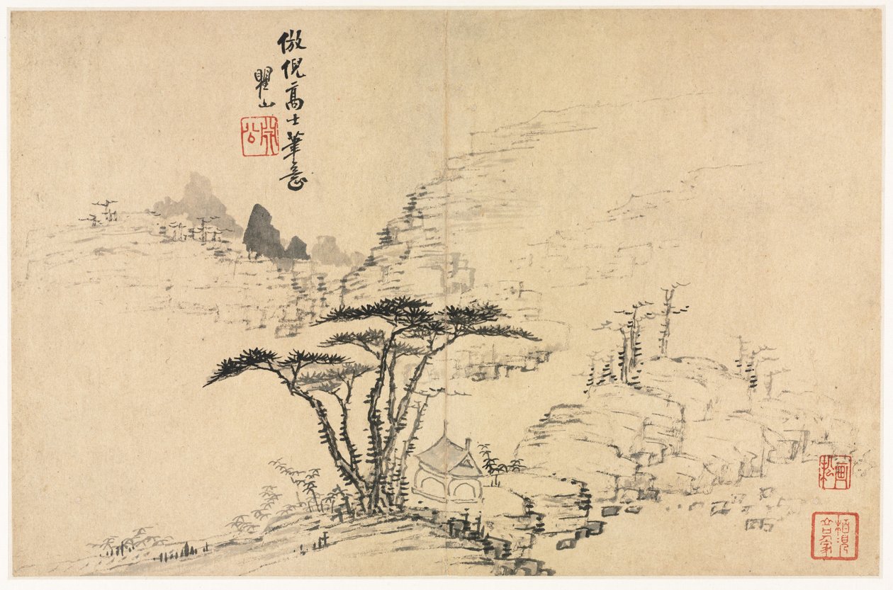 仿照古代大师的各种风格的风景画，1690年。 作者 梅青