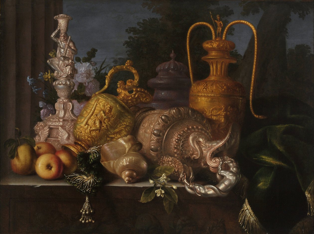 Still life, shells and goldsmith. Painting by Meiffren Conte (1630-1705). Oil on canvas. Dim: 91x121cm. Mandatory mention: Collection fondation regards de Provence, Marseille   1419222   zh       chinese Successfully Translated  Original: mandala: Thistle  作者 梅菲伦（c.1630-1705）孔戴