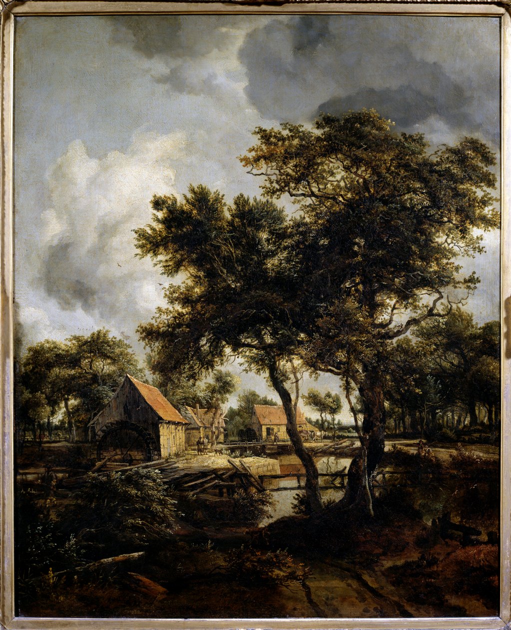 Meindert Hobbema (1638-1709) (ec.flam.) 17 世纪太阳的水磨坊绘画。 0,8x0,66 m 巴黎，卢浮宫。 作者 迈德特·霍贝玛