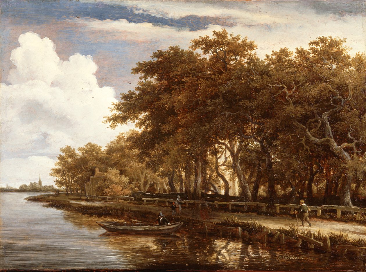 阿姆斯特尔河沿岸风景，约 1660 年（油画板） 作者 迈德特·霍贝玛
