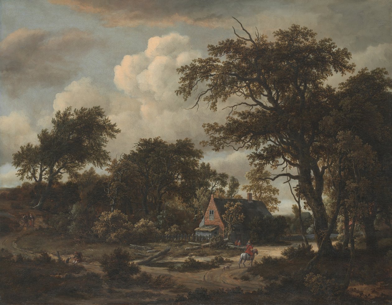 带有小屋和骑手的森林景观，1663年。 作者 迈德特·霍贝玛