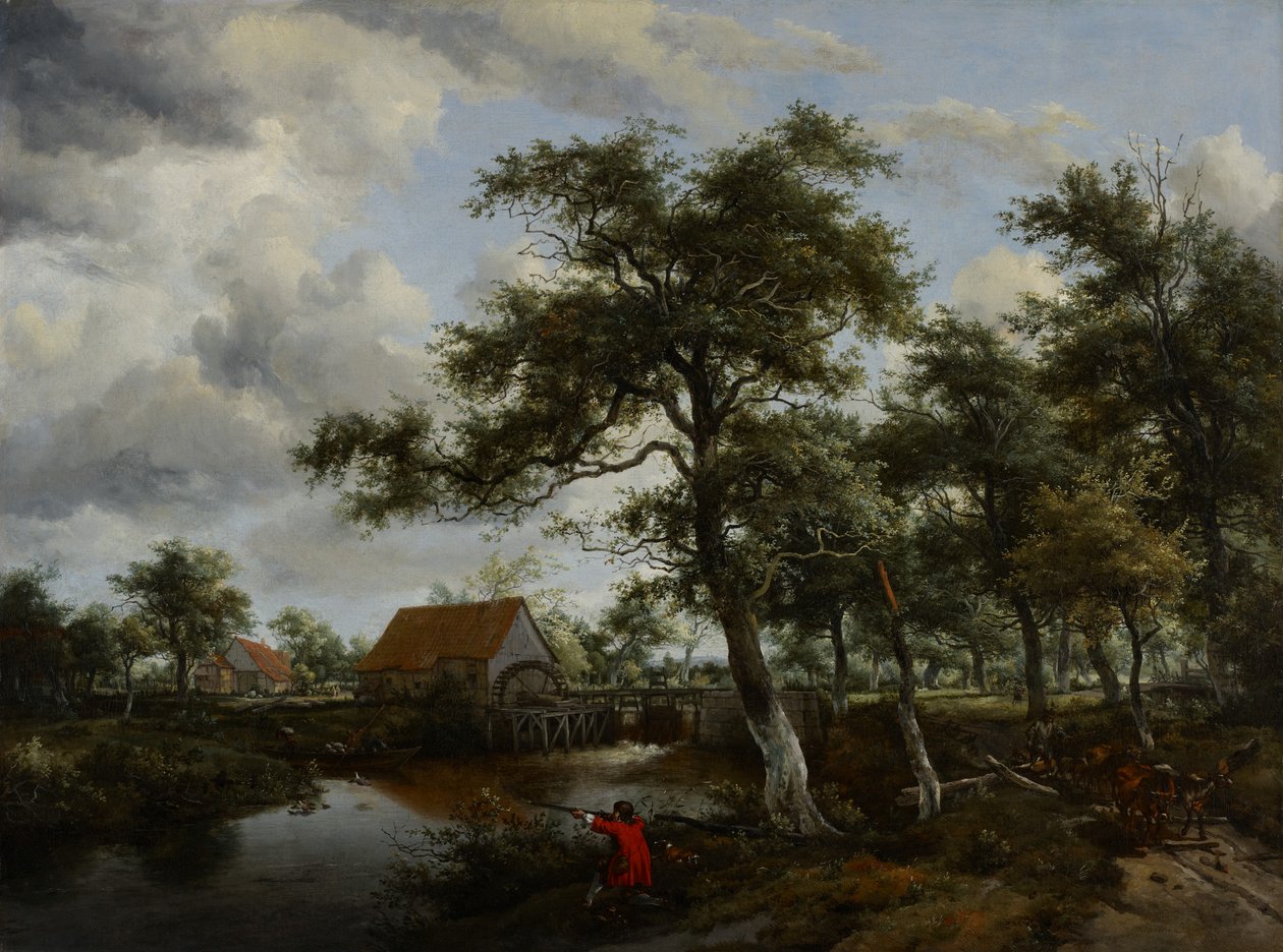 树木繁茂的景观与水车，c.1665 作者 迈德特·霍贝玛